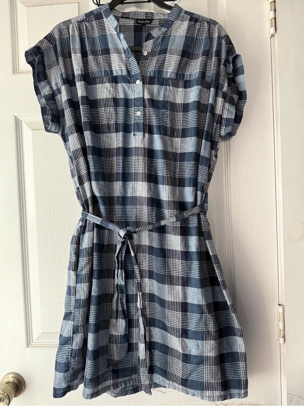 Steven Alan Plaid gingham Shirt Dress linen cotton Medium Blue White preppy